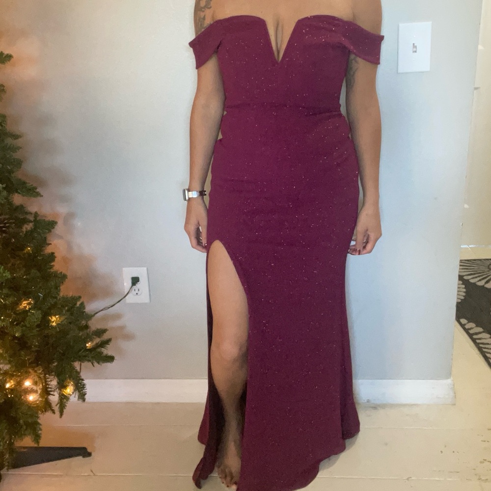 City Triangles Strapless Burgundy Gown